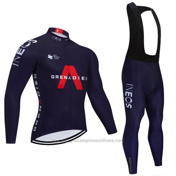 2021 Abbigliamento Ciclismo Ineos Grenadiers Spento Blu Manica Lunga e Salopette